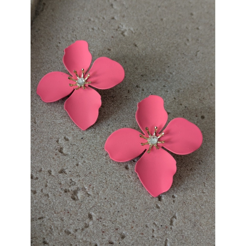 Hot Pink Flower Drop Earrings Rhinestone Center Large Size Statement Sculptural
